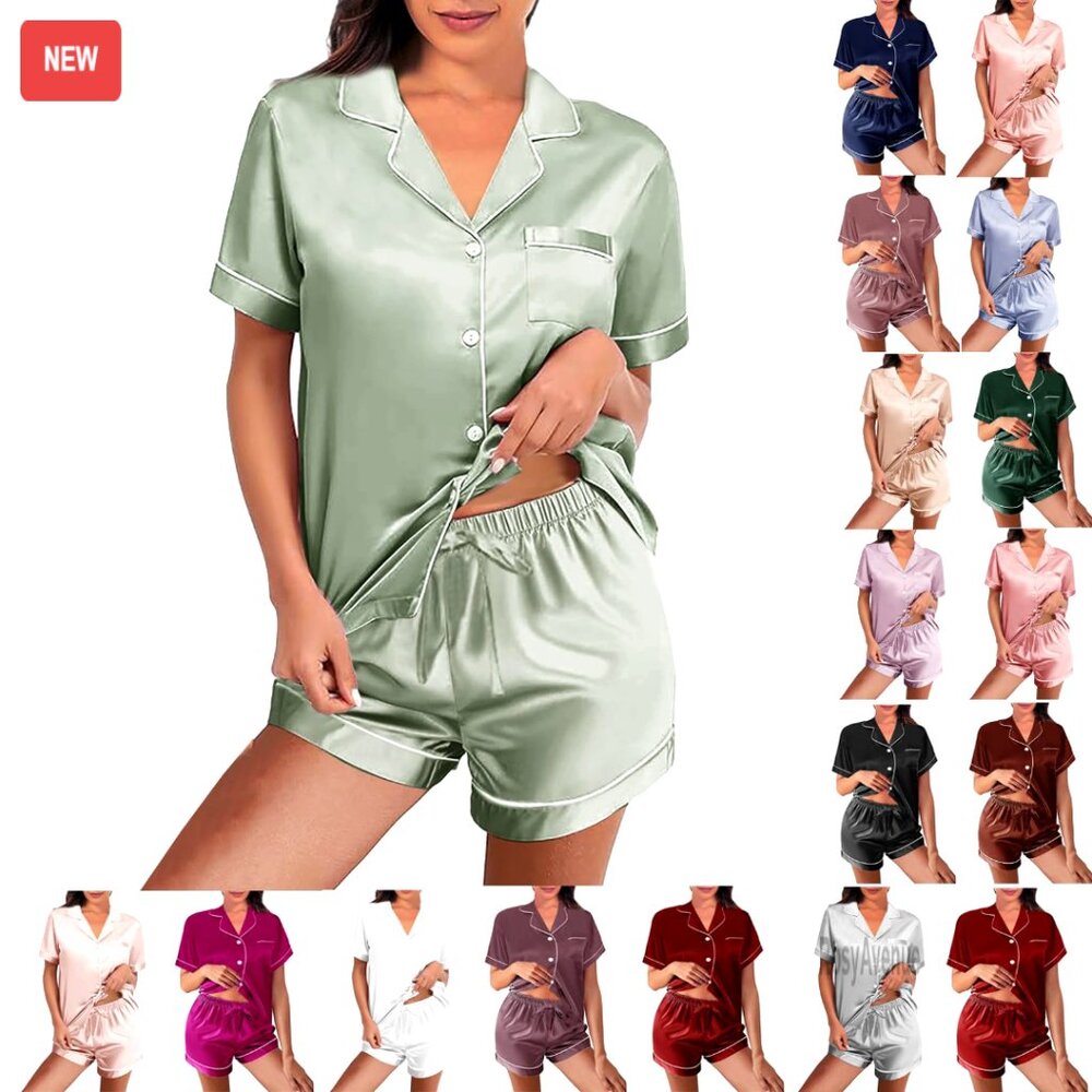 Silk Satin Pajama Set Button-Down Sleepwear Loungewear XS-4XL